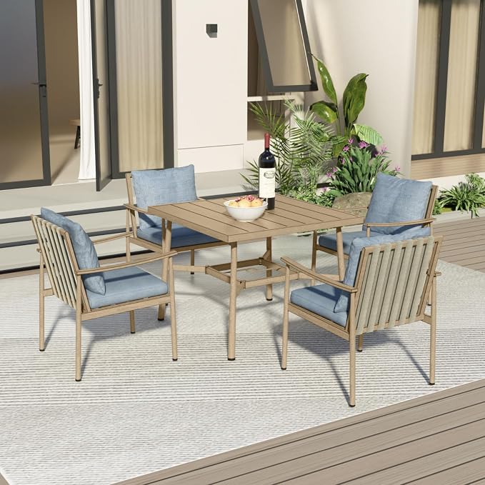 5-Piece Outdoor Dining Set for 4, Aluminum Patio Dining Set with Cushions, 4 Dining Chairs with Rope Backrest, Square Table with Umbrella Hole, Patio Dining Set for Lawn Porch Backyard, Grey