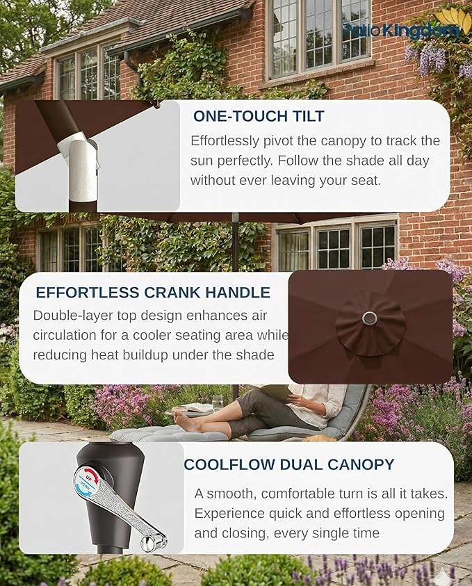 PatioKingdom 9FT Patio Outdoor Umbrella-UPF 50+ Sun Shade with Wind Vent, Push-Button Tilt & Smooth Crank Lift, Rust-Resistant Fiberglass Frame for Garden, Backyard,Yard (Brown)
