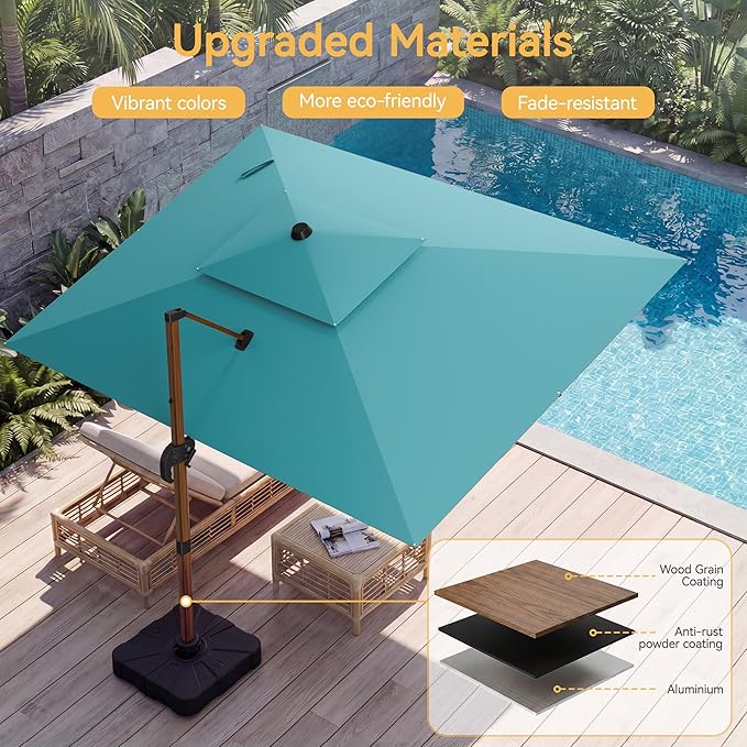 10x13 FT Wood Pattern Patio Umbrella with Base, Large Deluxe Cantilever Rectangular Double Top Heavy Duty Offset Umbrellas with 360° Rotation, Outdoor shade for Garden Pool Patio, Turquoise