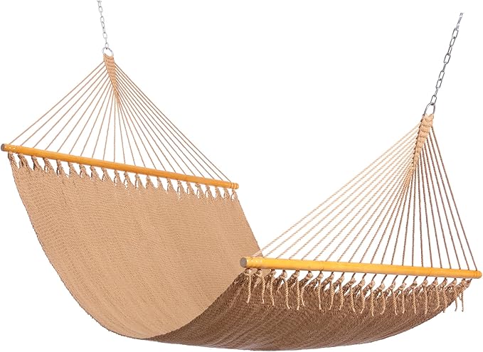 Double Saniwerke Caribbean Hammock, Hand-Woven with Wooden Spreader Bars, 79" Wide x 12 ft Long, Outdoor Indoor Use, Double Person Hammock for Patio Balcony Porch Relaxation, Soft Tan