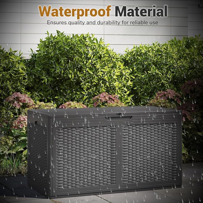 Moccha 100-Gallon Outdoor Storage Box - Waterproof Resin Deck Box with Lockable Lid & Wheels, Faux Rattan Outdoor Storage Bench for Pool Accessories, Garden Tool, Patio Furniture Cushion (Grey)