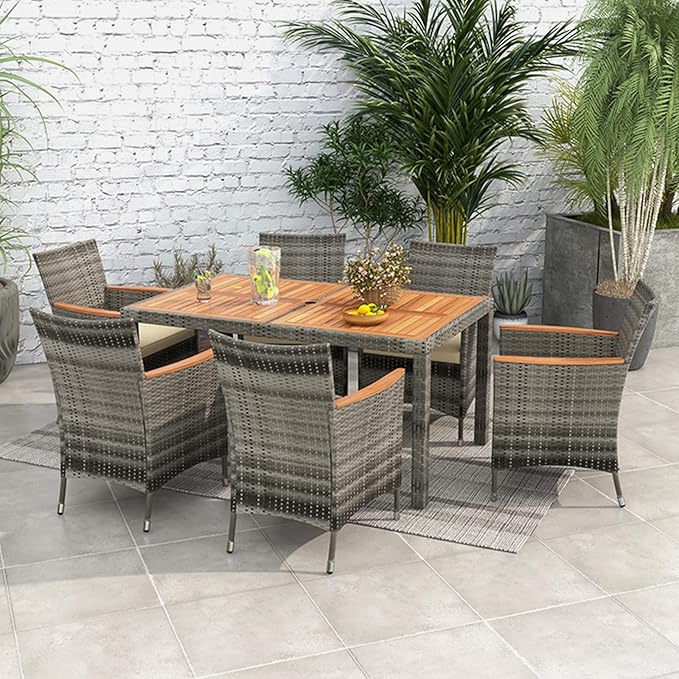COSTWAY 7-Piece Patio Dining Set for 6, Outdoor Rattan Wicker Table and Chairs Furniture Set with Umbrella Hole, Acacia Wood Tabletop for Backyard, Balcony, Poolside, Grey & Beige