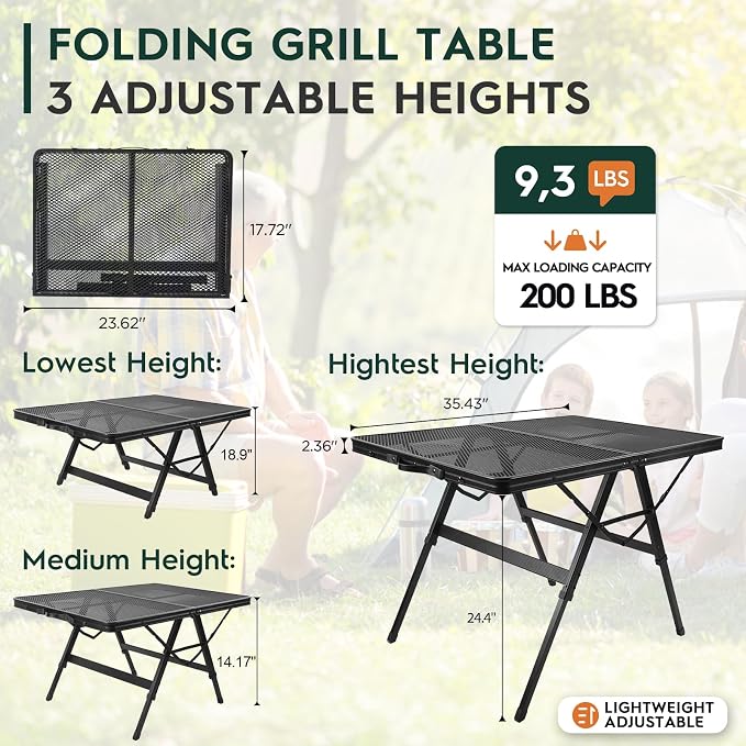 WildFinder 3 FT Folding Grill Table, Portable Camping Table for Outside, 3 Adjustable Height Folding Table with Desktop, Lightweight Outdoor, Camping, Picnic, BBQ