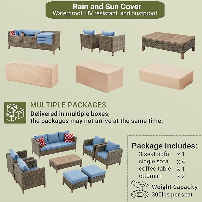 8 Pieces Patio Furniture Sets with Metal Top Coffee Table, All Weather Wicker Rattan Sectional Sofa Outdoor Furniture Conversation Set for Porch, Poolside, Garden, Backyard. (Blue)