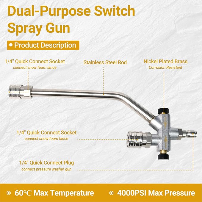 Foam Cannon Dual-Purpose Switch Spray Gun, Foam Cannon Adapter, Connector Accessory, 1/4 Inch Quick Connector, with 7 Nozzle Tips