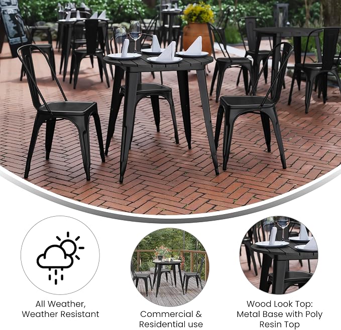 EMMA + OLIVER Drew Dining Table - Black 30" Round Poly Resin Table Top - Black Steel Base - All-Weather for Indoor/Outdoor Use