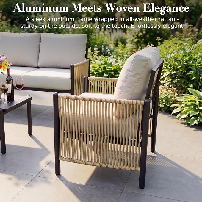 Aluminum Patio Furniture Set, 5 Seats Outdoor Patio Furniture with Coffee Table, Outdoor Wicker Conversation Sets with Cushion for Backyard, Balcony,Porch,Light Grey