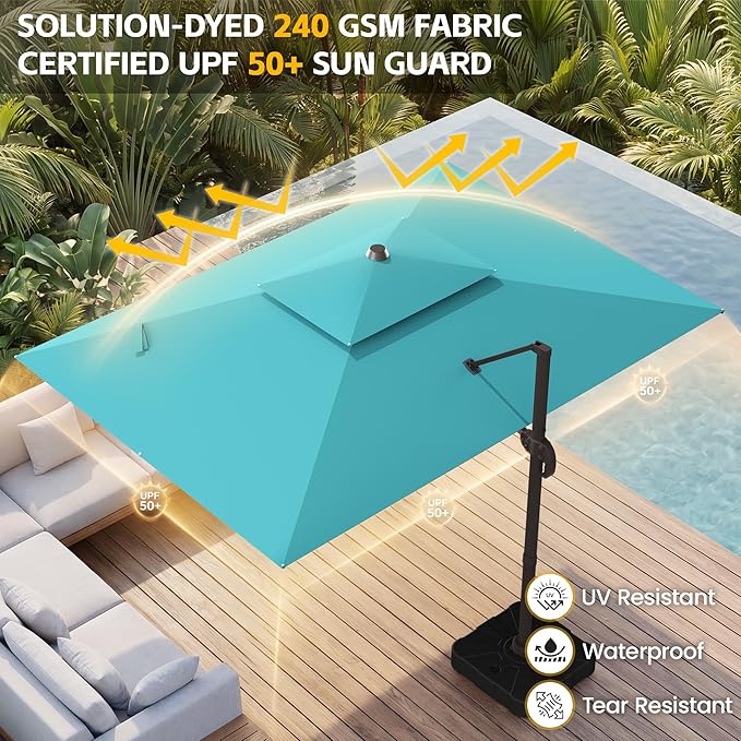 VEGOND 9x12 FT Patio Cantilever Umbrella (Base Not Included), Rectangular Heavy Duty Offset Umbrella for 6-8 People, 360°Rotation & Mult Tilt, Double Top Design, for Pool Garden Deck (Turquoise)