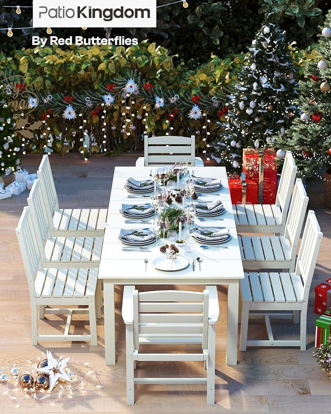 7-Piece Outdoor Dining Set with 15FT Umbrella for 6,White | 75.2'' HDPE table, chairs included, weather-resistant furniture with hole, ideal for lawn, poolside, yard, garden, deck