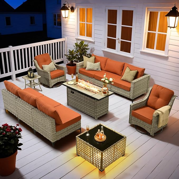 HOOOWOOO Outdoor Patio Furniture Set with Fire Pit Table,11 Pieces Wicker Out Door Sectional Furniture L Shaped Couch,Outside Patio Conversation Swivel Chair Sets,Orange Red