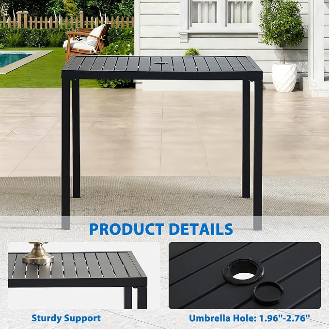 5-Piece Outdoor Dining Set, 35.5" Square Metal Patio Table with Dark Blue Chairs, Black Table with Umbrella Hole for Garden, Yard, Patio