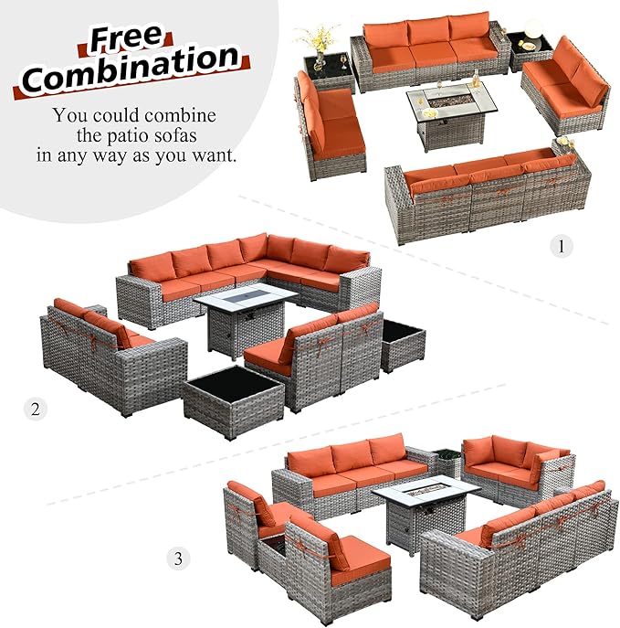 HOOOWOOO Outdoor Patio Sectional Furniture Sofa Set with Propane Fire Pit Table,13 Piece Large Modern Wicker Couch with Widened Armrest,Modular L Shaped Conversation Seating Set(Orange Red)