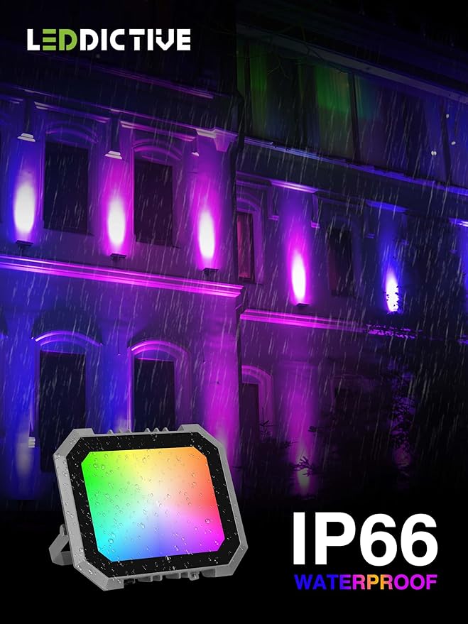 Leddictive 4 Pack RGB LED Flood Light 100W, 1000W Equivalent 10000 LM Outdoor Landscape Flood Lights with 4 Remote, IP66 Waterproof Outdoor Light for Christmas Party Stage Uplight Wall Wash