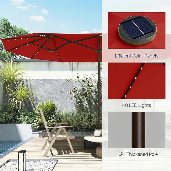 15ft Large Patio Umbrella with Solar Lights and Base, Double-Sided Outdoor Rectangle Umbrella with 48 LED Lights, Market Table Umbrellas with UV Resistant Canopy
