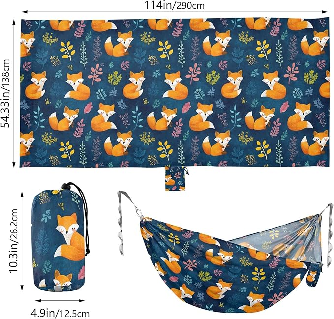 Camping Hammock Outdoor Hammocks for Outside Orange Fox Cute Beach Trees Portable Lightweight with Pockets Tree Straps Indoor