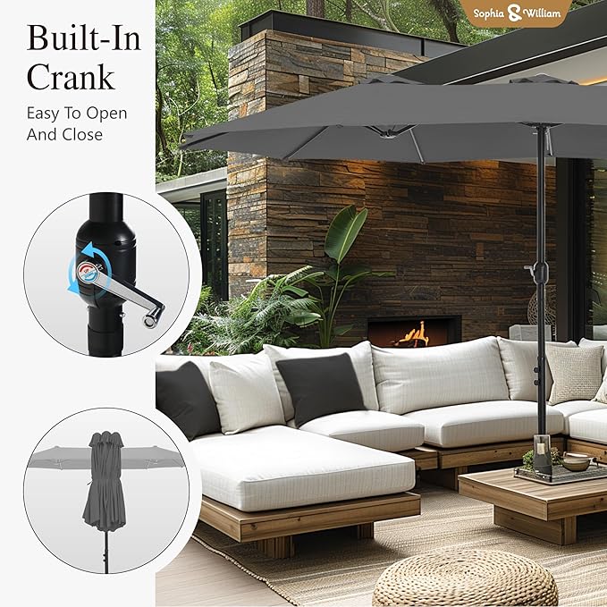 Sophia & William 15 ft Extra Large Patio Umbrella with Base Included, Rectangular Outdoor Umbrella Heavy Duty, Market Umbrella Double-sided Fade Resistant for Pool Garden Backyard, Smoky Gray