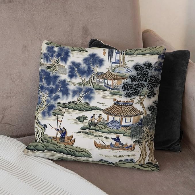 Asian Scenic Cushion Cases Blue and Green Chinoiserie Throw Pillow Cover Modern Throw Pillow Covers Farmhouse Decorative for Patio Furniture Tent Garden 16x16 in