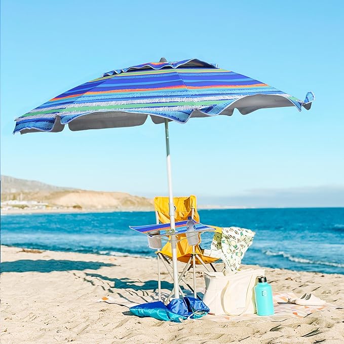 AMMSUN Beach Umbrella with Sand Anchor & Table Tray, Portable Heavy Duty Beach Umbrellas, 6.5ft Sun Outdoor Umbrella, UV 50+ Protection, Carry Bag for Beach, Patio, Pool and Garden, Stripes
