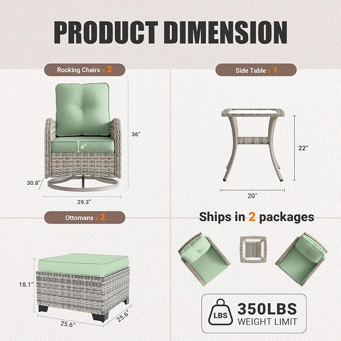 Outdoor Patio Furniture Set 5PCS Patio Rocking Swivel Chair with Tempered Glass Side Table, Outdoor Wicker Rattan Bistro Set with Ottomans for Garden, Deck, and Balcony, Light Green