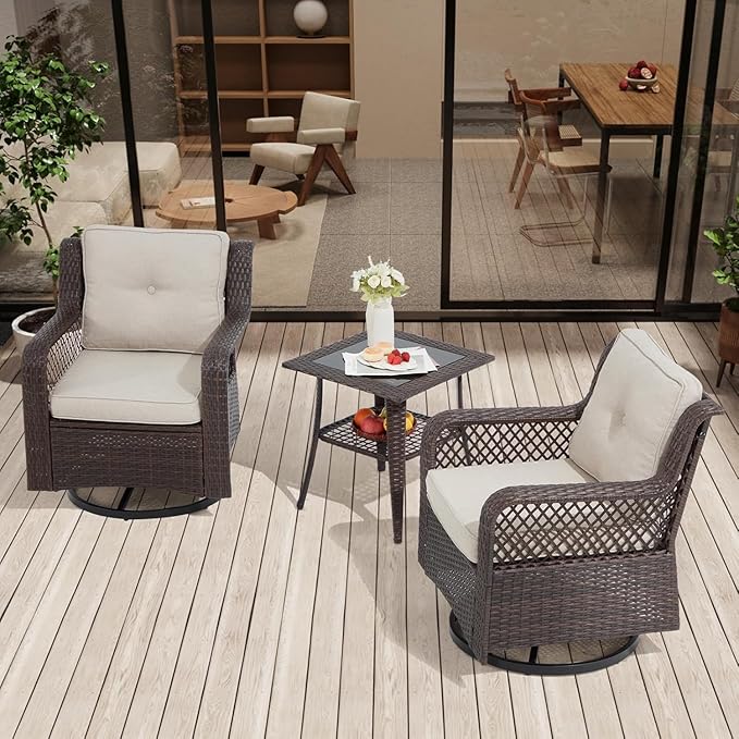 3 Pieces Patio Swivel Chairs, Wicker Patio Conversation Sets with Rocking Chair, Side Table for Outdoor Garden Porch Backyard(Beige)
