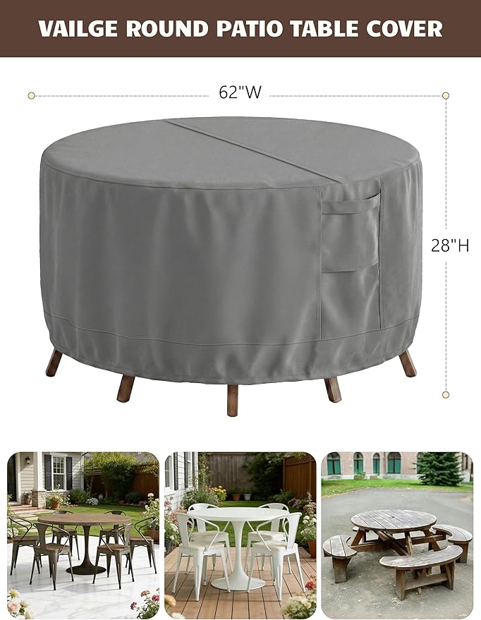 Vailge Round Patio Furniture Covers, 100% Waterproof Outdoor Table Chair Set Covers, Anti-Fading Cover for Outdoor Furniture Set, UV Resistant (Grey, 62"DIAx28"H)