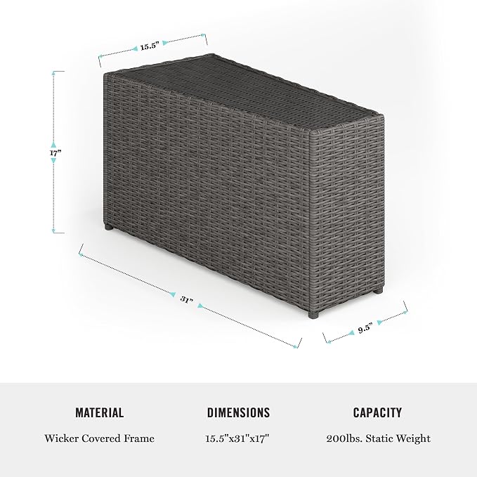 Martha Stewart Bedford Indoor-Outdoor Tapered Patio Side Table with Inset Tempered Glass Top and Rattan Wicker Finish in Gray