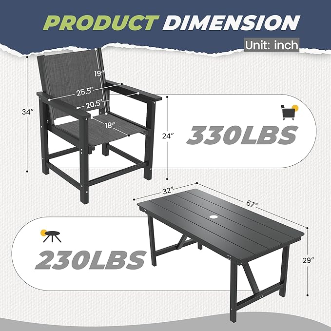 HDPE Outdoor Dining Set for 4, All-Weather Patio Furniture Table and Chair Sets with Umbrella Hole Outdoor Dining Table Sets of 4 Textilene Fabric Patio Chairs for Backyard, Poolside, Garden,Deck