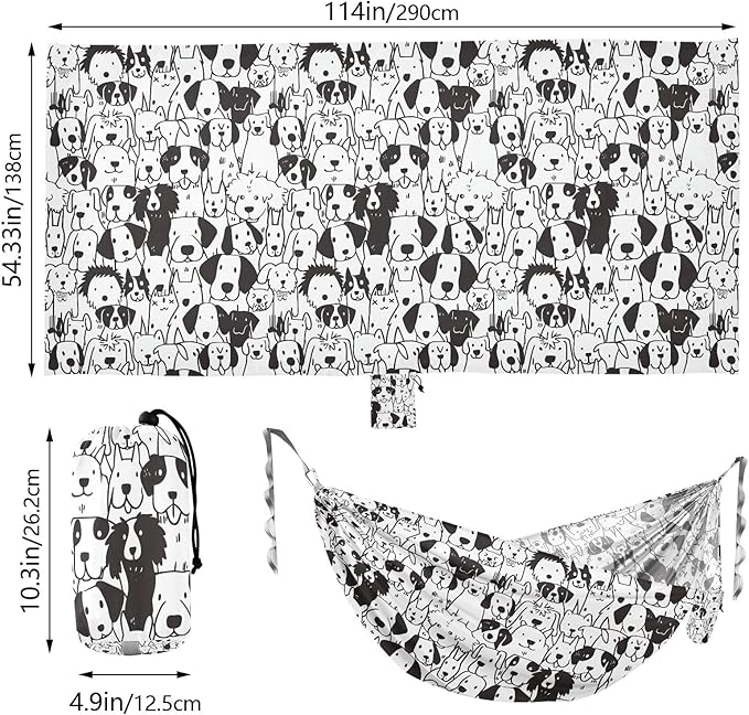 Camping Hammock Outdoor Hammocks for Outside Doodle Dogs Line Art Beach Trees Portable Lightweight with Pockets Tree Straps Indoor