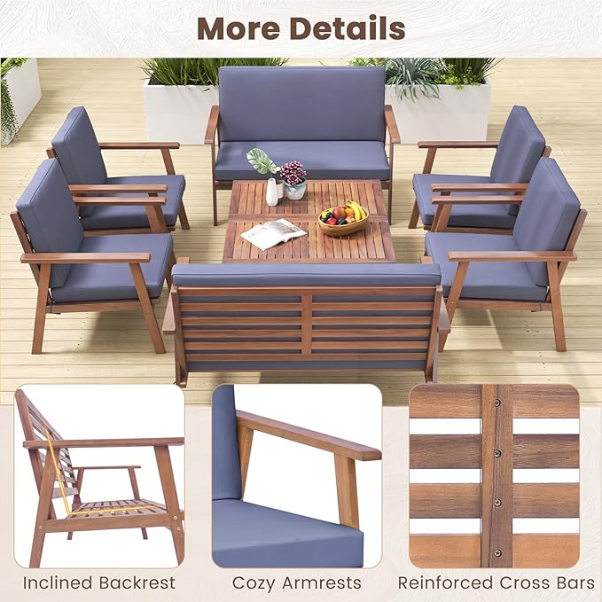 Tangkula 8 Piece Outdoor Conversation Set, Acacia Wood Sofa Set with Soft Seat & Back Cushions, Rectangle Coffee Table Patio Wood Furniture Set for Backyard, Poolside, Garden (2, Gray)