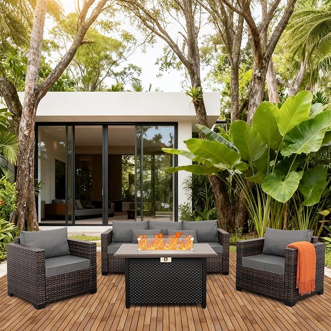 4 Pieces Outdoor Patio Furniture Set 43 In Outdoor Fire Pits Wicker Outdoor Furniture Chairs and Sofa 60000 BTU Outdoor Propane Fire Pit Table Non-Slip Cushions and Waterproof Covers, Dark Grey