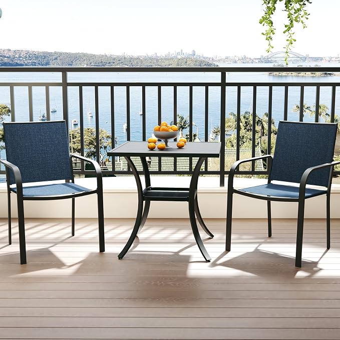 Anmutig 3-Piece Outdoor Dining Set, Small Metal Bistro Table with 2 Stackable Sling Chairs, 27.5 x 27.5 Inch Square Table, Blue Fabric