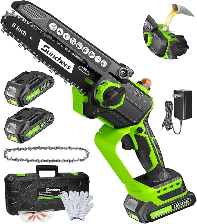 Mini Chainsaw Cordless, 6 Inch Electric Chainsaw with 2 Battery, Handheld Battery Powered Chain Saw with Auto Oiler, Yard Tools Saw for Wood Cutting Tree Cutter, Father Day Gifts for Men, Dad, Husband