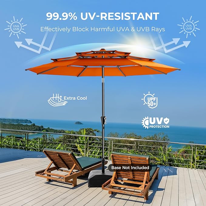 HOMSHADE 9FT 3-Tiers Outdoor Patio Umbrella with 5-Year Fade Resistant,Vented Outdoor Commercial Market Umbrella with UPF50+ UV Protection & Push Button Tilt and Crank for Pool,Backyard(Orange)