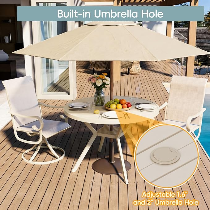 5 Piece Patio Dining Set for 4 Swivel Chairs and 42” Round Metal Table with Umbrella Hole, All Weather Patio Dining Furniture Set for Deck Lawn Backyard, Sandshell
