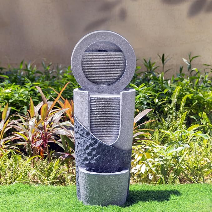 34 Inch Outdoor Water Fountain with LED Lights Modern Garden Waterfall Fountain for Patio Porch Backyard Lawn Decor Freestanding Resin Water Feature Indoor Outdoor Relaxing Waterfall