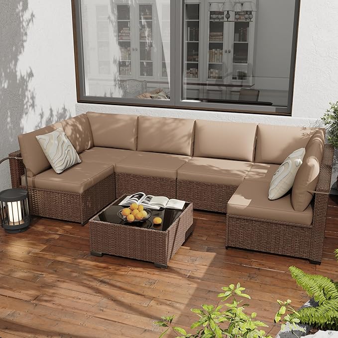 KIGOTY 7-Piece Patio Furniture Set, All-Weather PE Rattan Outdoor Sectional Sofa, Modular Wicker Conversation Set with Thick Cushions & Easy-Clean Coffee Table（Brown/Camel）