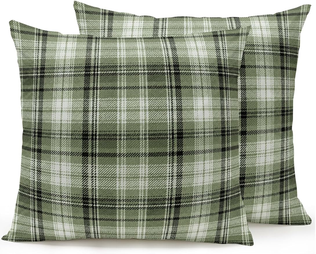 Waterproof Outdoor Pillow Set of 2 Green Checked Plaid Decorative Throw Pillows Cover & Insert 18x18 Inch Pillowcase Stripes Woven Grid Square Pillows for Couch Sofa Bed Patio Furniture Indoor Outdoor