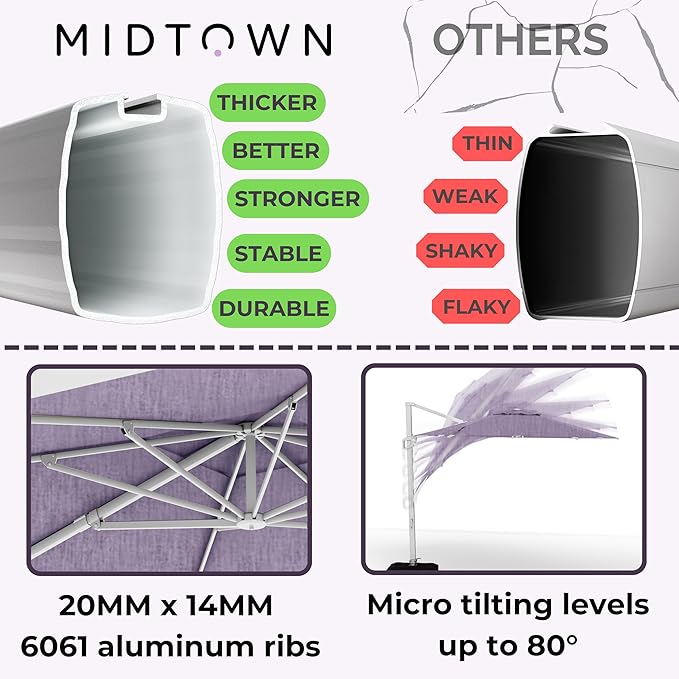 Midtown Umbrellas 10 Ft Outdoor Cantilever Patio Umbrella w/Terylast Purple Texture Fabric - Rotate 360° Offset Patio Umbrella, Deck Patio Umbrella, Backyard Umbrella & Garden Umbrella - Silver Frame