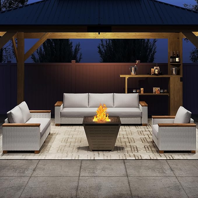 Patio Furniture Set, 6 Piece Wicker Patio Conversation Set with Wide Solid Wood Armrest, All Weather Outdoor Sectional Furniture with Wood Legs for Backyards, Porch, Poolside, Garden, Balcony