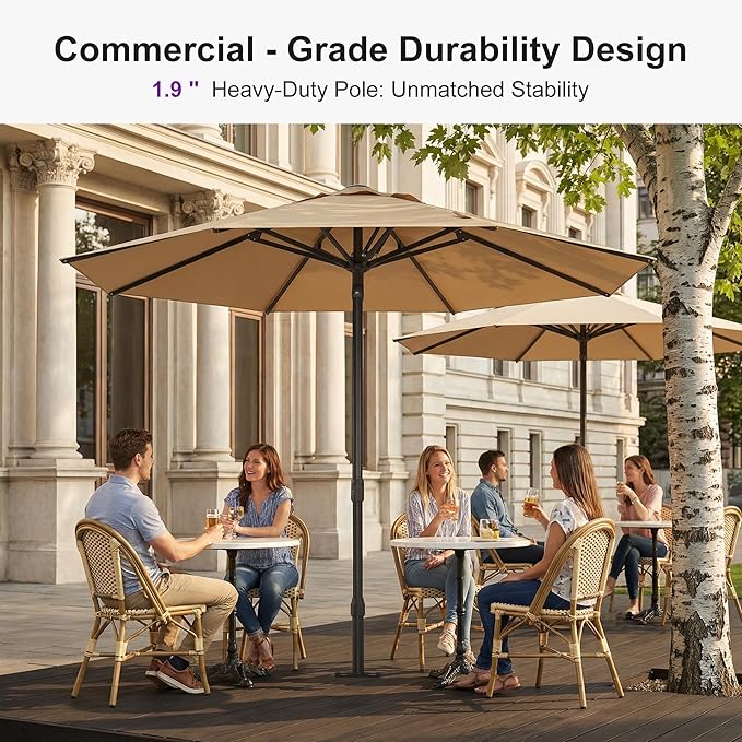 PURPLE LEAF 10Ft Round Semi-Auto Outdoor Patio Umbrella Aluminium Market Umbrella Table Sun Umbrella with 1.89" Rod and 8 Sturdy Ribs for Deck Lawn Pool Garden, Beige