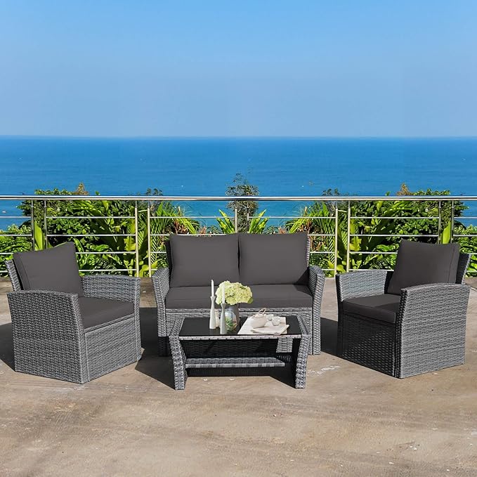 COSTWAY 4 Pieces Patio Rattan Furniture Set, Outdoor Wicker Sofa Set with Tempered Glass Coffee Table, Cushions, All Weather Rattan Conversation Set for Yard Balcony Backyard Pool (Grey)