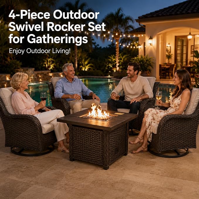 HUMMUH Outdoor Swivel Rocker Wicker Patio Chairs High Back PE Rattan Glider Chairs 4PCS Patio Furniture Set(Brown,Beige)