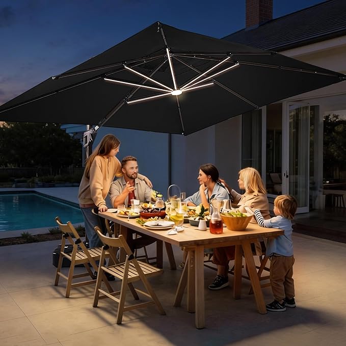JZAC & QZYD 10X13 FT Outdoor Cantilever Patio Umbrella with Base Included and LED Lights, Large Heavy Duty 2-Tier Aluminum Offset Umbrellas with 360-Degree Rotation for Pool Deck, Black