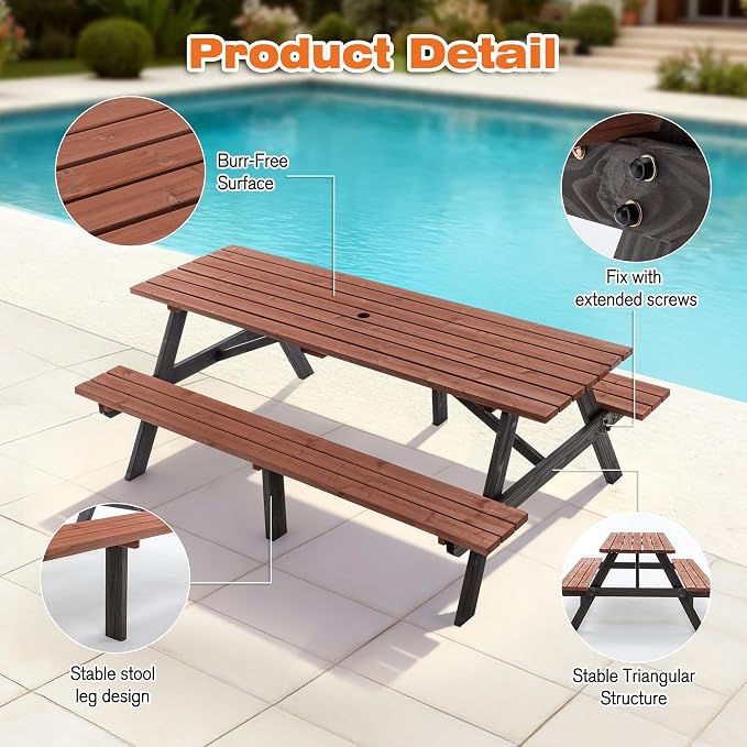 Hohuqeri Wood Picnic Table, 75” Tabletop with Umbrella Hole, 8 Person Outdoor Wooden Picnic Table Bench Set for Patio, BBQ, Dining
