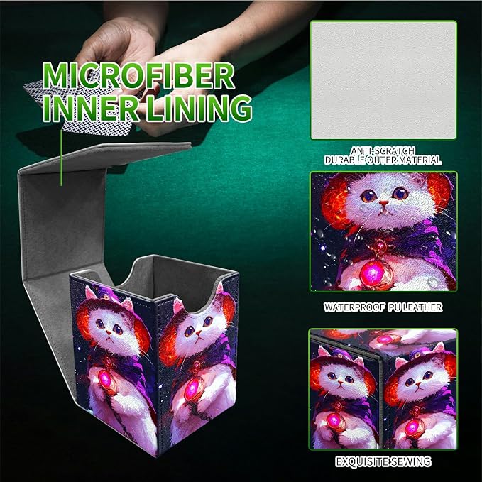 Deck Box for MTG, Cards Storage Box Fits 120+ Sleeved, Leather Medium Size Strong Magnetic Closing Card Case for Board Games Magic TCG CCG Baseball Collection, Purple White Cat