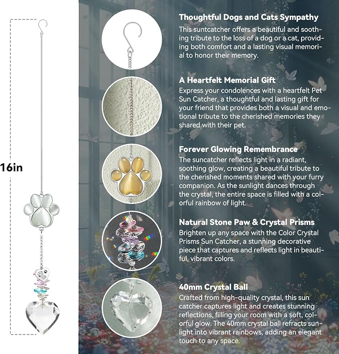 Dog Memorial Gifts, Pet Memorial Suncatcher, Loss of Dog Sympathy Gift | Thoughtful Dogs and Cats Bereavement Remembrance Gifts, Natural Cat's Eye Stone Paw Crystal Suncatcher