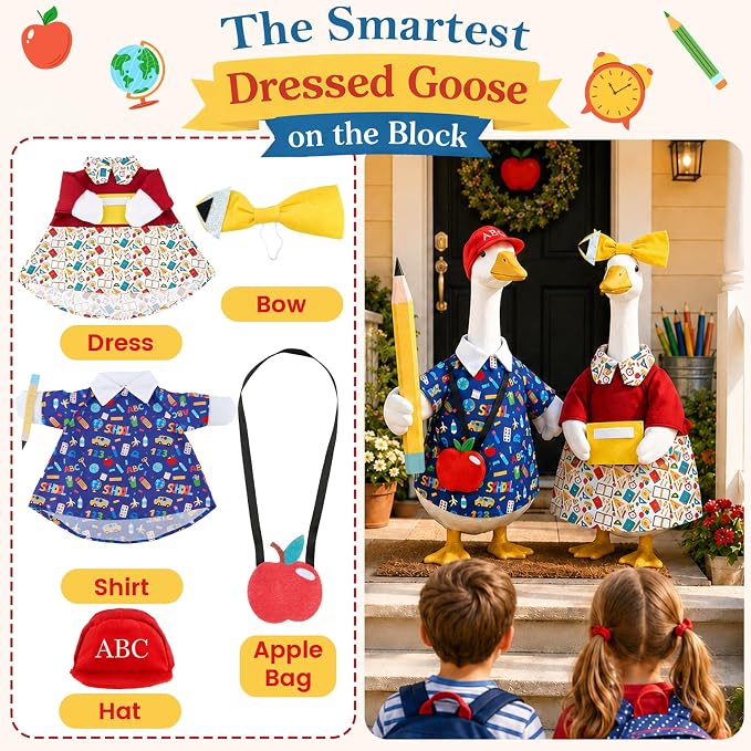 2 Set Back to School Porch Goose Outfit for 23" Cement Goose Statues | Concrete Plastic Classroom Geese Clothes with Apple Bag, Bow & Dress for Indoor Outdoor Yard Garden Patio Decor