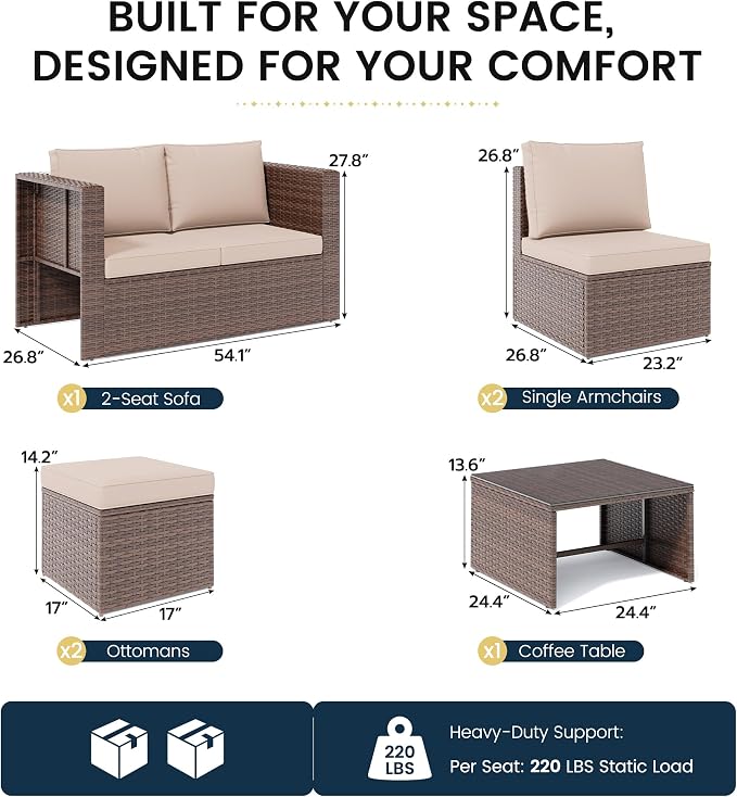 Amopatio Patio Furniture Set, Space-Saving Nestable All-Weather Wicker Outdoor Conversation Set with Glass Coffee Table, Cushions & Ottomans for Deck Backyard Porch Lawn Khaki