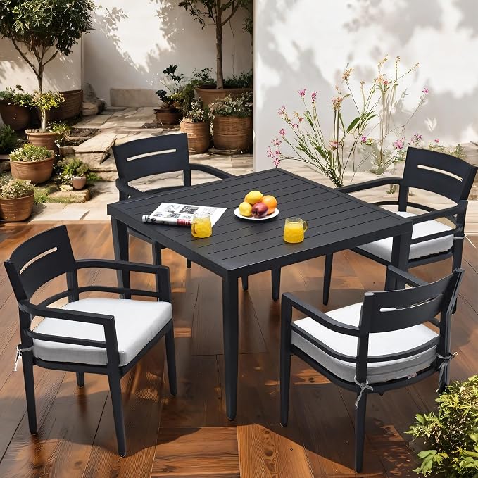 5-Piece Patio All Aluminum Furniture Set, All-Weather Resistant Outdoor Patio Set, 40" Square Dining Table with Umbrella Hole and 4 Dining Chairs Fabric Upholstered, Ember Black