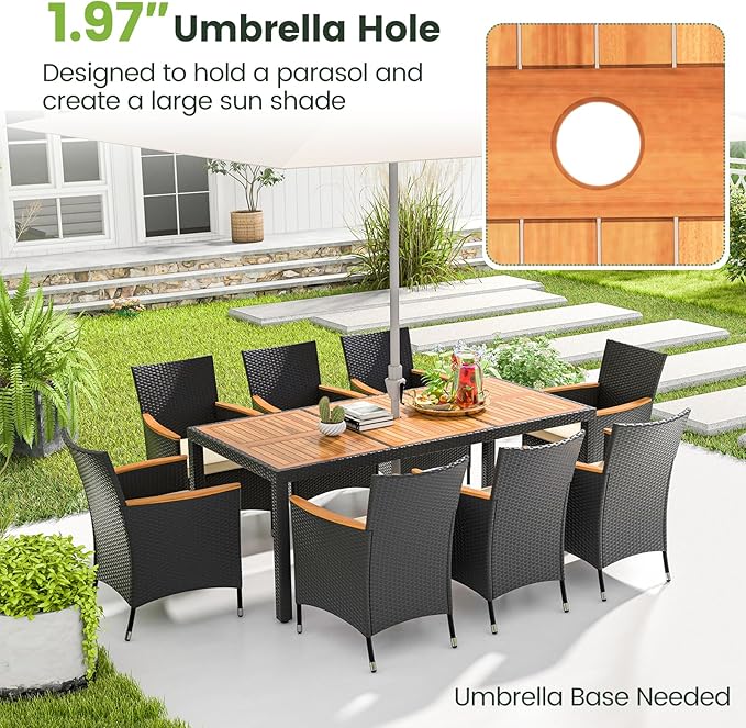 Tangkula 11 Pieces Patio Dining Set with Double-Sided Led Patio Umbrella (Base Included), with 8 Stackable Chairs, Acacia Wood Dining Table and Large Umbrella with Solar Lights (Turquoise + Off White)